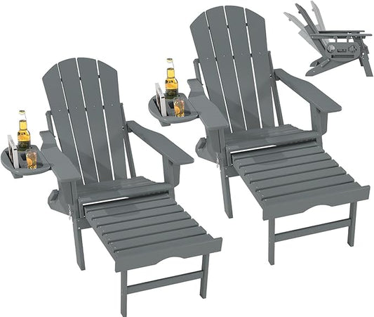 FOOWIN Folding Adjustable Adirondack Chair with Retractable Ottoman Set of 2, HDPE Adirondack Chair w/4 in 1 Cup Holder Trays,All-Weather Resistant Fire Pit Chair for Outdoor Patio Lawn, Grey