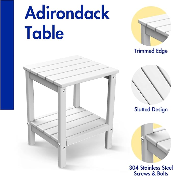 BRIOPAWS Outdoor-Side-Table | Small | HDPE Plastic | Patio End-Table | 2-Shelf Adirondack Outside Tables | All Weather | for Poolside Front Porch Indoor Living Room | 14" x 13" | White