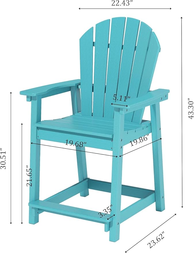 Tall Adirondack Chairs, Outdoor Bar Height Chair for Patio, Heavy-Duty Tall Adirondack Chair, Weatherproof HDPE Chairs for Deck, Poolside, Lake Blue