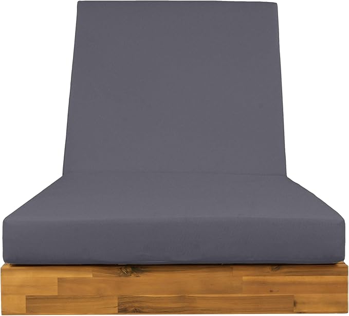 Acacia Wood Chaise Lounge with Cushion - Teak Finish Outdoor Recliner with Dark Gray Water-Repellent Cushion, 79.6" L x 29" W, 300 lbs