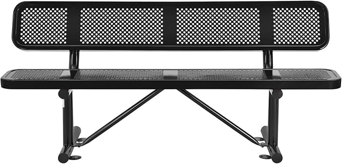 Global Industrial 6'L Heavy Duty Outdoor Steel Picnic Bench with Backrest, Perforated Metal, Portable Outdoor Bench, 1000 lbs Capacity, Black, 72" L x 24" W x 33" H
