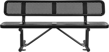 Global Industrial 6'L Heavy Duty Outdoor Steel Picnic Bench with Backrest, Perforated Metal, Portable Outdoor Bench, 1000 lbs Capacity, Black, 72" L x 24" W x 33" H