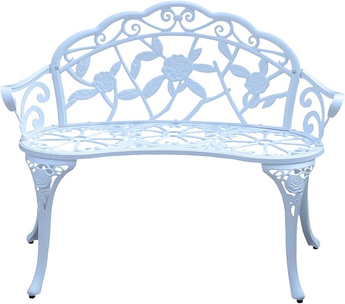 Cast Aluminium Outdoor Bench, Rose Garden Bench for Patio,Park,Lawn,Yard (White) - Photo 1