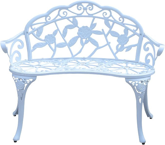 Cast Aluminium Outdoor Bench, Rose Garden Bench for Patio,Park,Lawn,Yard (White)