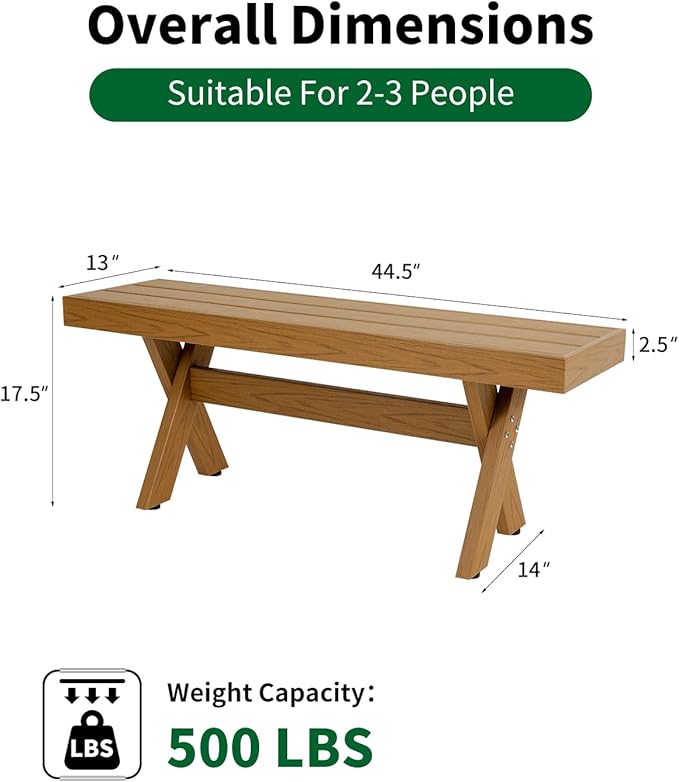 44.5" HIPS Outdoor Bench, X-Shaped Modern Backless Garden Bench, All Weather Patio Bench with Wood Grain Texture, Easy Assembly for Garden, Porch, Backyard & Park-Wood-Grain Teak