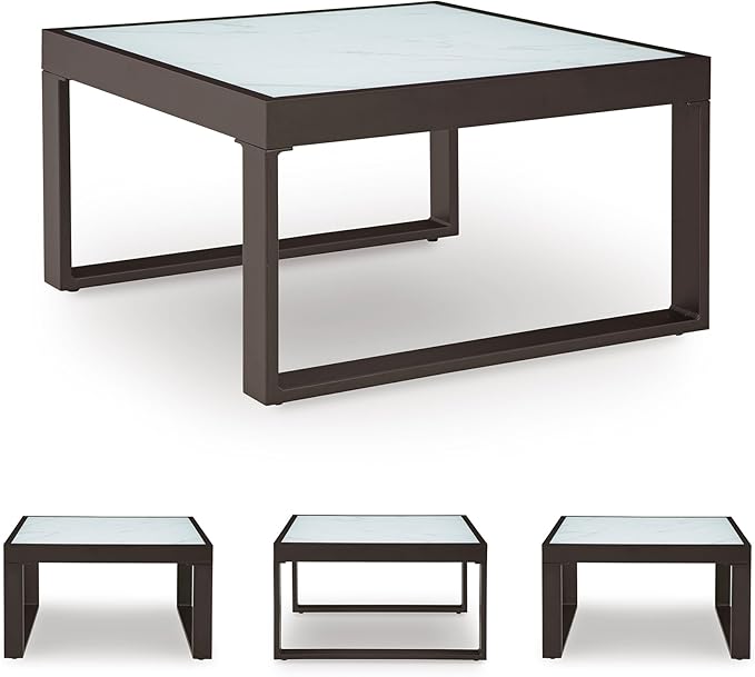 Signature Design by Ashley Beachloft Casual Glass Tabletop Outdoor Coffee Table with Sled Base, Gray & Black - Photo 6