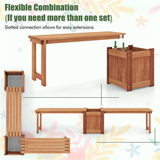 Outdoor Bench with Planter Box 54" Solid Wood Garden Bench and Flower Planter Combo 2-in-1 Seating and Planting Station for Front Porch Patio Deck Natural Finish
