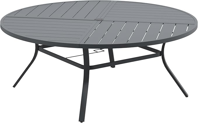DIFY 63" Round Outdoor Patio Dining Table for 8-10, All-Weather Metal Steel Slatted Patio Table with 1.57" Adjustable Umbrella Hole for Garden, Backyard, Deck, Grey