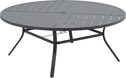 DIFY 63" Round Outdoor Patio Dining Table for 8-10, All-Weather Metal Steel Slatted Patio Table with 1.57" Adjustable Umbrella Hole for Garden, Backyard, Deck, Grey
