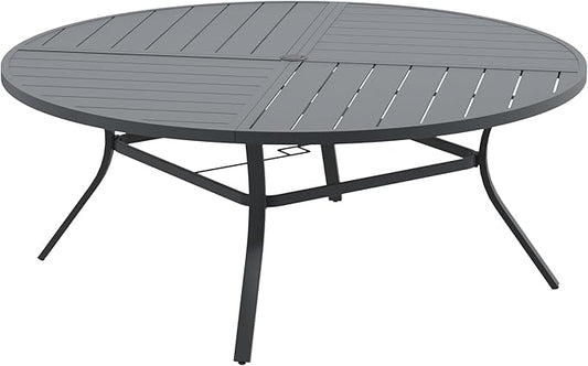 DIFY 63" Round Outdoor Patio Dining Table for 8-10, All-Weather Metal Steel Slatted Patio Table with 1.57" Adjustable Umbrella Hole for Garden, Backyard, Deck, Grey