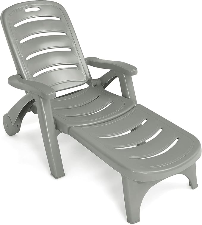 LDAILY Moccha Plastic Folding Lounge Chair, 5-Position Adjustable Chaise Lounge with 2 Rolling Wheels, Armrest, Outdoor Chaise Chair for Patio, Beach, Backyard, Poolside, Home (1, Grey)