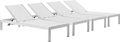 Modway Shore Aluminum Textilene® Mesh Outdoor Patio Four Poolside Chaise Lounge Chairs in Silver White
