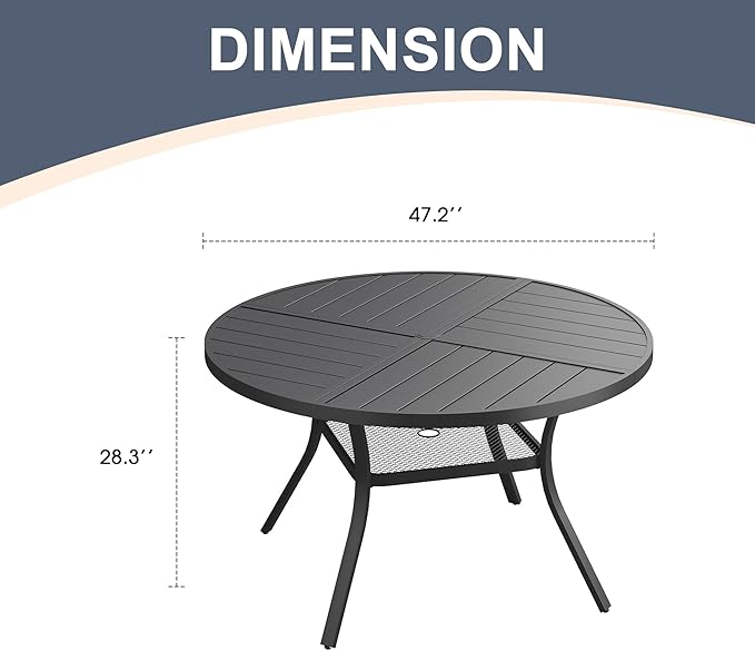 VICLLAX 47.2" Round Patio Dining Table for 4-6, All Weather Metal Outdoor Table with 1.57" Umbrella Hole and Storage Shelf for Garden Lawn Deck, Black