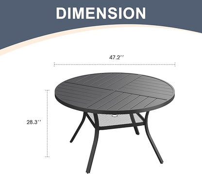 VICLLAX 47.2" Round Patio Dining Table for 4-6, All Weather Metal Outdoor Table with 1.57" Umbrella Hole and Storage Shelf for Garden Lawn Deck, Black