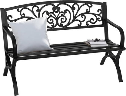 Outdoor Bench Patio Garden 50 Inches Metal Porch Furniture Loveseat, Front Porch Bench with Armrests Patterned Backrest Slatted Seat for Park, Porch, Yard, Lawn, Balcony, Black
