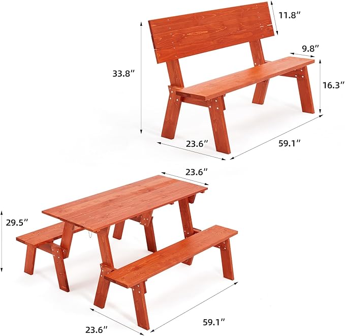 AVAWING Outdoor Convertible Wood Bench with Backrest, Patio Wood Convert a Bench - Photo 3