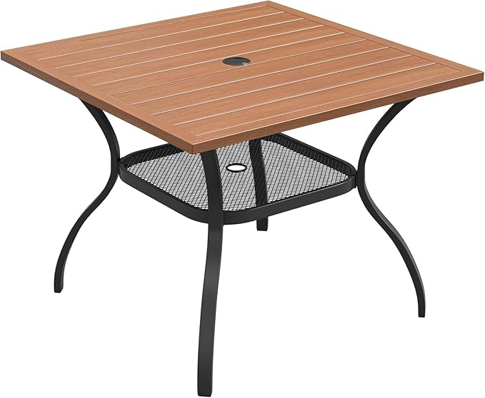 VICLLAX Outdoor Patio Dining Table for 4, Square Metal Table with Umbrella Hole and Storage Shelf for Garden, Lawn, Balcony, Deck, Walnut