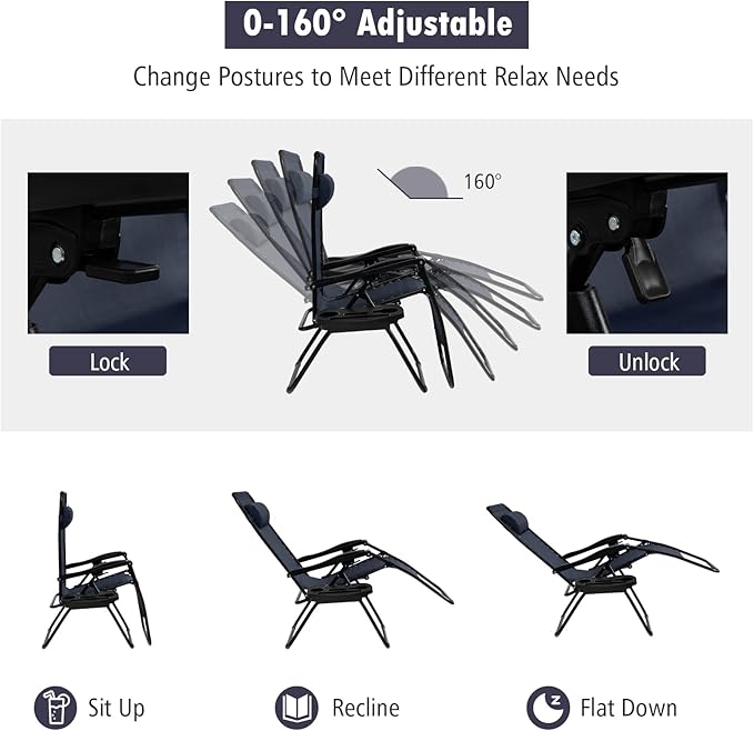 Tangkula Set of 2 Zero Gravity Chair, Folding Patio Lounge Chair Adjustable Outdoor Recliner with Cup Holder - Photo 4