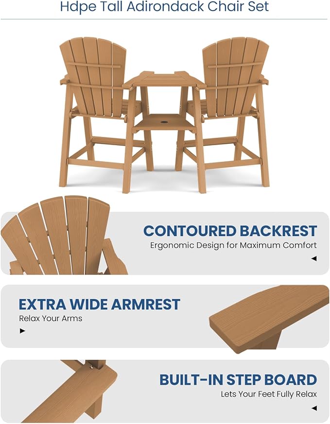Ciokea Tall Adirondack Chairs Set of 2, HDPE Outdoor High Adirondack Chair with Double Connecting Tray, Weather Resistant Balcony Chairs for Deck, Lawn, Pool, Backyard, Teak