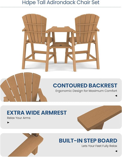 Ciokea Tall Adirondack Chairs Set of 2, HDPE Outdoor High Adirondack Chair with Double Connecting Tray, Weather Resistant Balcony Chairs for Deck, Lawn, Pool, Backyard, Teak