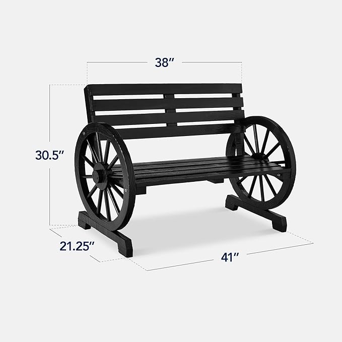 Best Choice Products 2-Person Wooden Wagon Wheel Bench for Backyard, Patio, Porch, Garden, Outdoor Lounge Furniture w/Rustic Country Design, Slatted Seat and Backrest - Black