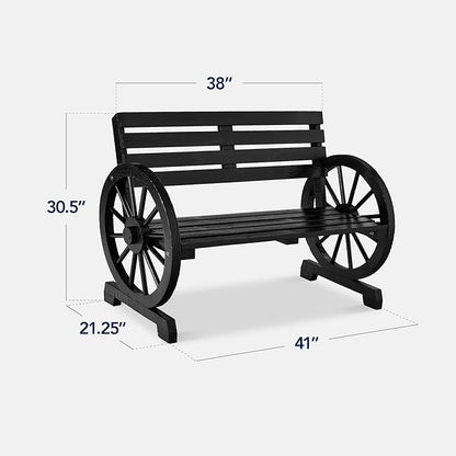 Best Choice Products 2-Person Wooden Wagon Wheel Bench for Backyard, Patio, Porch, Garden, Outdoor Lounge Furniture w/Rustic Country Design, Slatted Seat and Backrest - Black