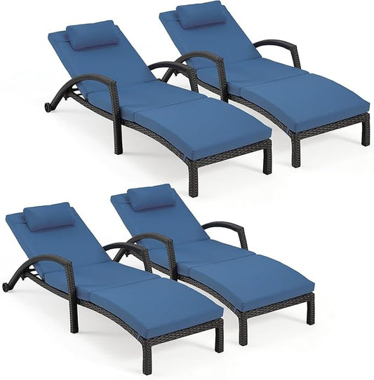HOMREST Chaise Lounge Chairs Set of 4, PE Rattan Wicker Recliner, Patio Lounge Chair with Adjustable 5 Position Arm & Wheels for Poolside Backyard Deck Porch,Dark Blue