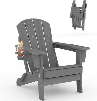 Garvee Folding Adirondack Chair, HDPE Outdoor Patio Chair with Cup Holder, All Weather Resistent Wooden Textured for patios, Decks, Gardens, fire Pit, Grey
