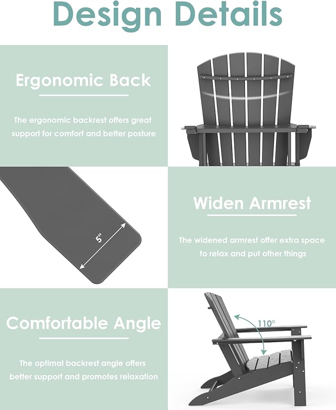 IVY&LANE Adirondack Chair | HDPE Plastic | Outdoor Fire Pit Chairs | Oversized | All-Weather | Grey | for Outside Deck Backyard Patio Poolside Porch Lawn