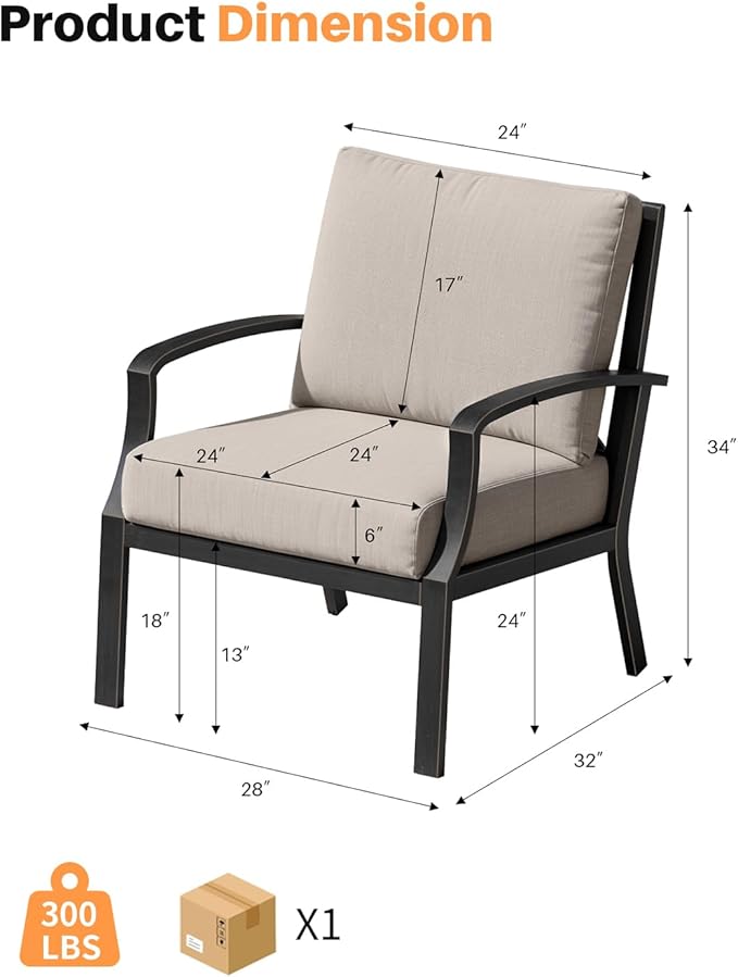 Outdoor Sofa Chair Set of 2, Never-Rust Aluminum Patio Club Chairs, Deep-Seating Patio Sofa Armchair with Thick Cushion, Outdoor Single Chairs for Garden, Deck, Indoor, Poolside, Dark Bronze