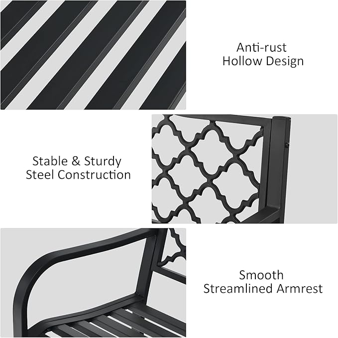 Tangkula Outdoor Steel Garden Bench, Patio Park Bench w/Iron Casted Seat, Armrest & Backrest, Outdoor Welcome Bench Chair Furniture Suitable for Garden Patio Yard