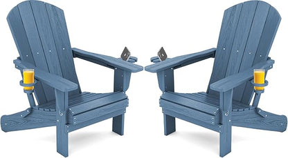 SERWALL Folding Adirondack Chair, HDPE Adirondack Chairs Set of 2, Plastic Outdoor Chairs- Looks Exactly Like Real Wood- Navy
