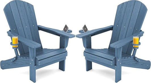SERWALL Folding Adirondack Chair, HDPE Adirondack Chairs Set of 2, Plastic Outdoor Chairs- Looks Exactly Like Real Wood- Navy