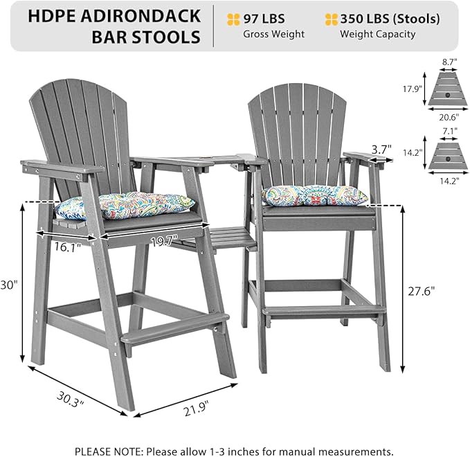 Sundale Outdoor Tall Adirondack Chairs Set of 2 with Table, Patio HDPE Bar Set, 3 PCS Counter Height Dining Bistro Set - Photo 3