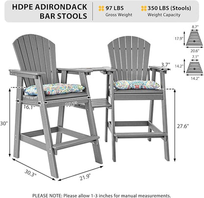 Sundale Outdoor Tall Adirondack Chairs Set of 2 with Table, Patio HDPE Bar Set, 3 PCS Counter Height Dining Bistro Set, Pub Table with Stools, 2 Umbrella Hole Caps, Medium Gray