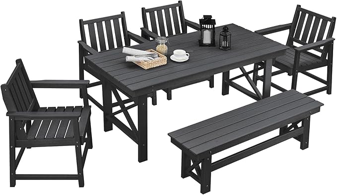 HDPE Outdoor Dining Set of 6, Patio Dining Table Set with 4 Chairs and 1 Bench - Photo 1