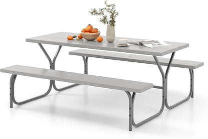 Giantex 6FT Picnic Table Bench Set Outdoor Camping All Weather Metal Base Wood-Like Texture Backyard Poolside Dining Party Garden Patio Lawn Deck Furniture Large Camping Picnic Tables for Adult, Grey
