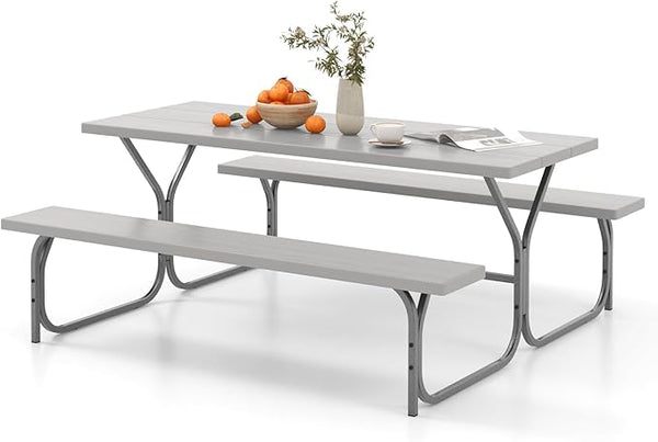 Giantex 6FT Picnic Table Bench Set Outdoor Camping All Weather Metal Base Wood-Like Texture Backyard Poolside Dining - Photo 1