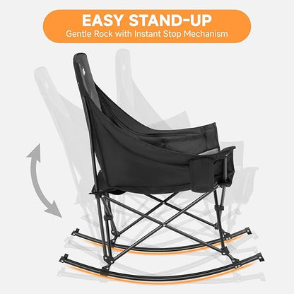 Oversized Folding Rocking Camping Chair, Padded Portable Rocking Chair with Pockets, Cup Holder and Carry Bag, Heavy Duty Outdoor Rocker Patio Chair for Garden, Lawn, Yard, Up to 400lbs, Gray