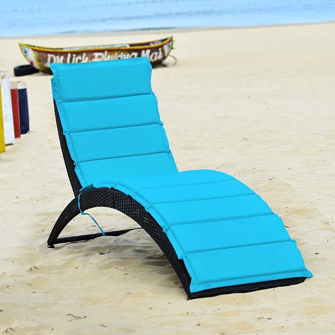 COSTWAY Folding Rattan Lounge Chair Outdoor, Patio Wicker Chaise Lounge with Soft Cushion - Photo 2