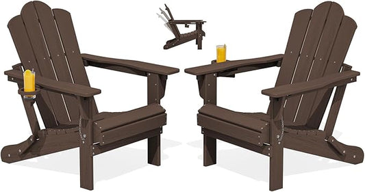 KINGYES Adjustable Folding Adirondack Chair Set of 2, 3-Position Reclining Adirondack Chairs with Cup Holder, HDPE All-Weather Oversized Adirondack for Outdoor, Patio, Backyard Deck, Fire Pit, Brown
