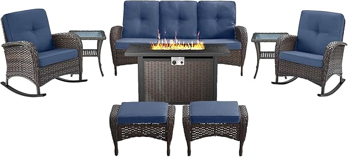 Belord Patio Furniture Set with Fire Pit Table - 8 Piece Outdoor Wicker Furniture Set with 43" 50000 BTU Propane Fire - Photo 1