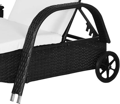 Outsunny Wicker Outdoor Chaise Lounge Chair Set of 3 with Side Table, 5-Level Adjustable Backrest PE Rattan Pool Lounge Chair with Wheels, Cushion & Headrest, Black and Cream White