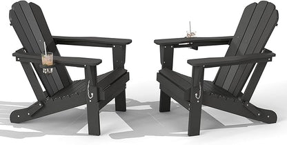 Domi Folding Adirondack Chair Set of 2, HDPE All-Weather Adirondack Chairs with Cup Holder, Outdoor Plastic Fire Pit Chairs Wood Texture for Poolside, Patio, Backyard, Deck (Grey)