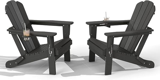Domi Folding Adirondack Chair Set of 2, HDPE All-Weather Adirondack Chairs with Cup Holder, Outdoor Plastic Fire Pit Chairs Wood Texture for Poolside, Patio, Backyard, Deck (Grey)