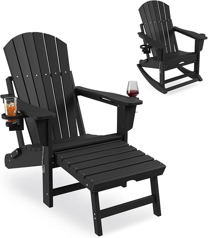 Rocking Adirondack Chairs, Folding Adirondack Rocking Chair With Footrest, Adirondack RockingChair Outdoor With Retractable Ottoman and Cup Holder