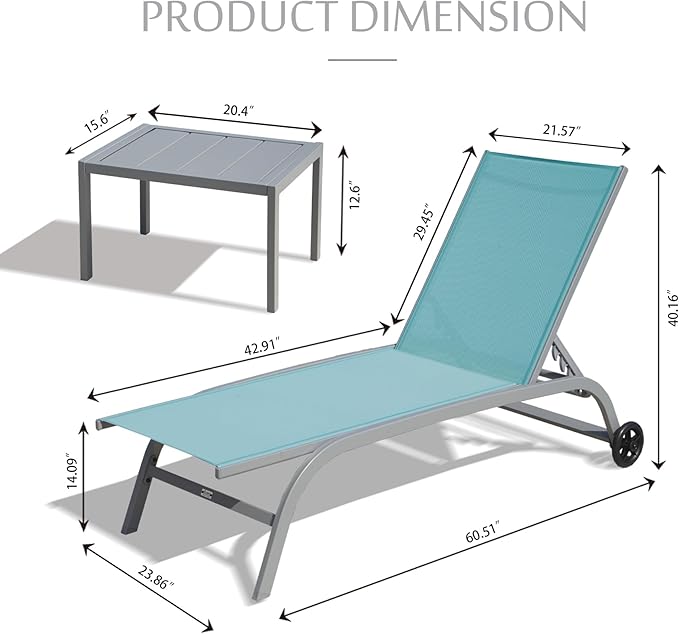 Domi Pool Lounge Chairs Set of 3, Adjustable Aluminum Outdoor Chaise Lounge with Wheels Patio Lounge Chairs with Side Table, All Weather for Deck Lawn Poolside Backyard-Turquoise Blue Textilene