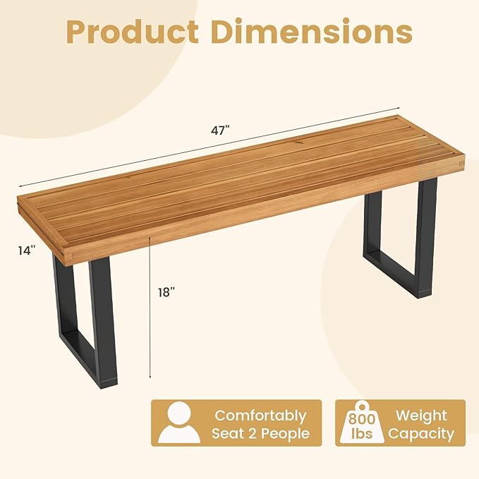 Tangkula Acacia Wood Outdoor Bench, 48" Long Patio Dining Bench w/Metal Legs, Slatted Seat, Backless Picnic Bench, Farmhouse Furniture for Garden Poolside Porch Balcony Deck Indoor (2,Natural)