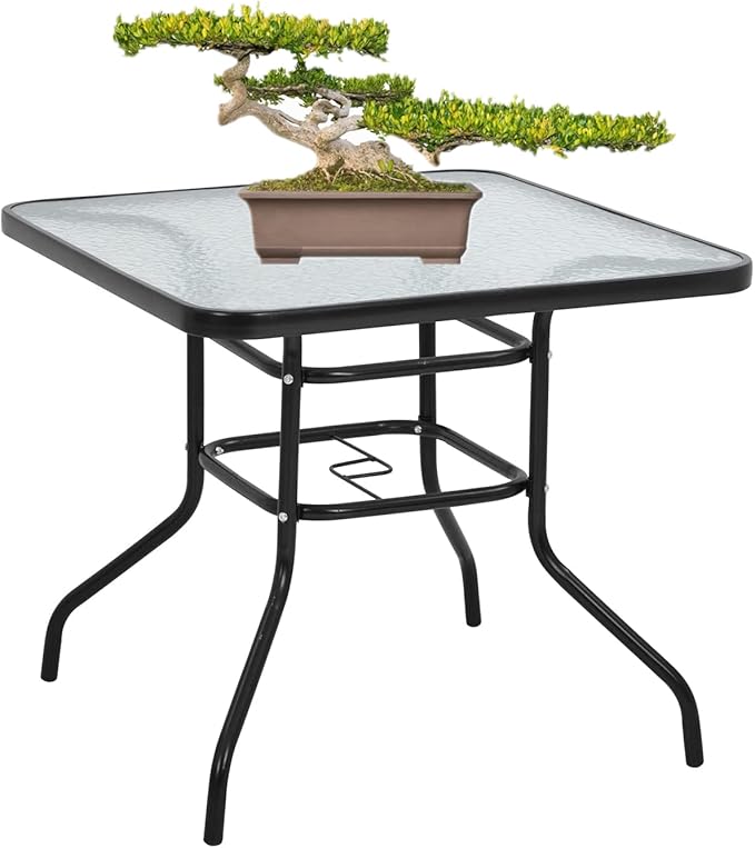 BSTOPHKL Outdoor Patio Table with Umbrella Hole, 32 inches Tempered Glass Top Square Patio Table,Conversation Coffee Table Metal Steel Frame All-Weather Furniture for Balcony, Backyard and Poolside