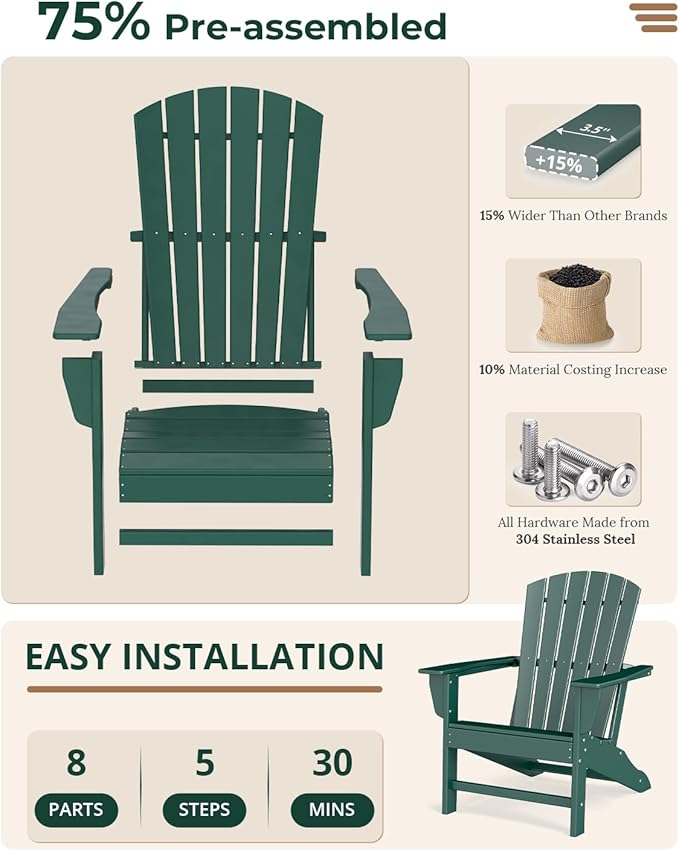 BRIOPAWS Adirondack-Chairs-Set of 2 | Fire Pit Chair | Oversized | HDPE Plastic | Weather Resistant | for Deck Outdoor Poolside Campfire | Forest